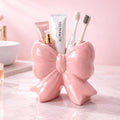 Pink Bow Toothbrush Holder, Ceramic Makeup Brush Holder & Bathroom Decor