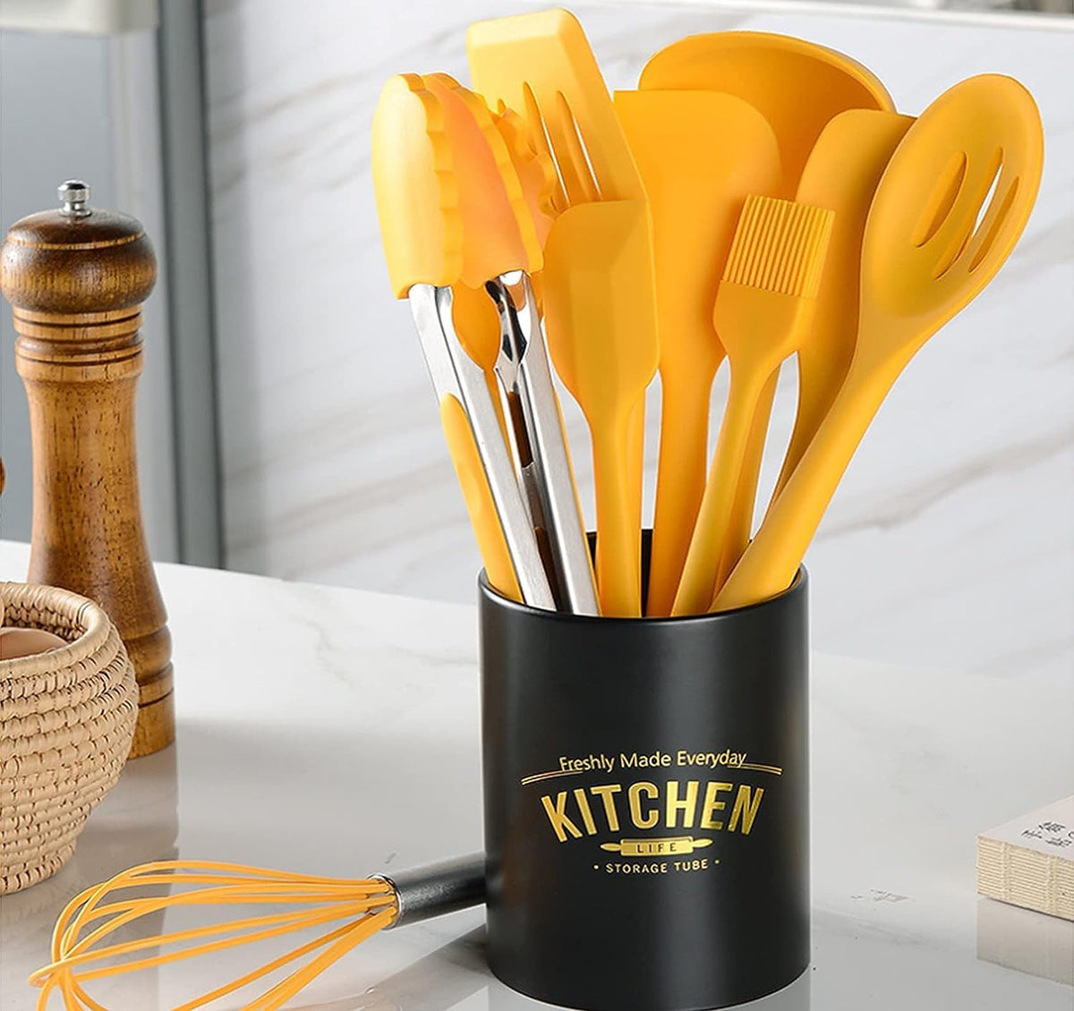 11 PCS Cooking Kitchen Utensils Set, Yellow Silicone Utensils Set