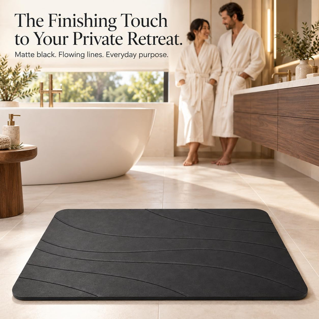 Stone Bath Mat, Quick Drying Bath Mat for Bathroom, Diatomaceous Earth Mat, Quick Dry Shower Mat, Fast Absorbent, Elegant Design, Easy to Clean - Black 23.6×15.35