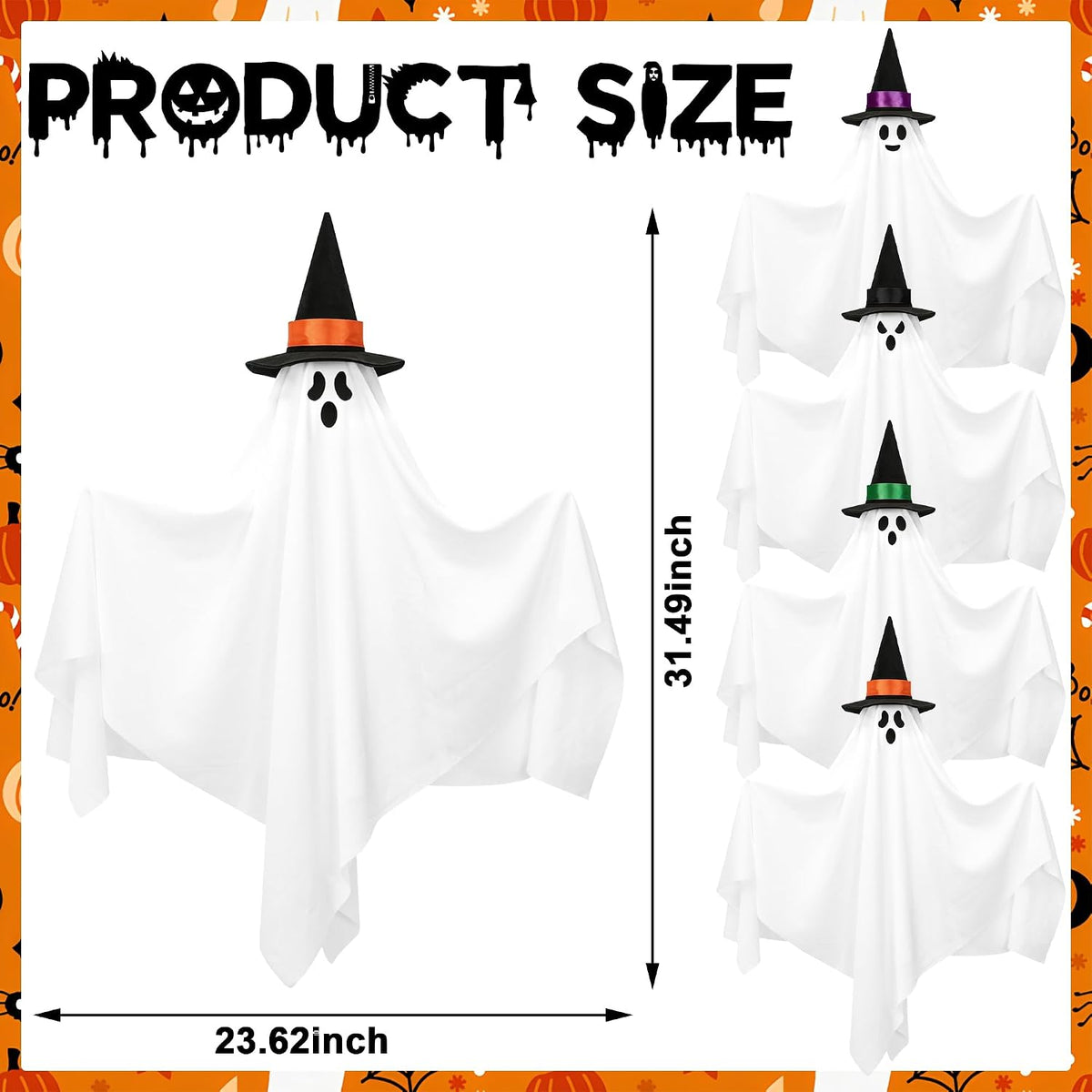 4 Pack Halloween Hanging Ghosts Decorations 31.5" Outdoor Cute Flying Ghost with Witch Hats White Ghosts Hanging Decoration for Halloween Party Holiday Front Yard Porch Patio Lawn Garden Tree Decor