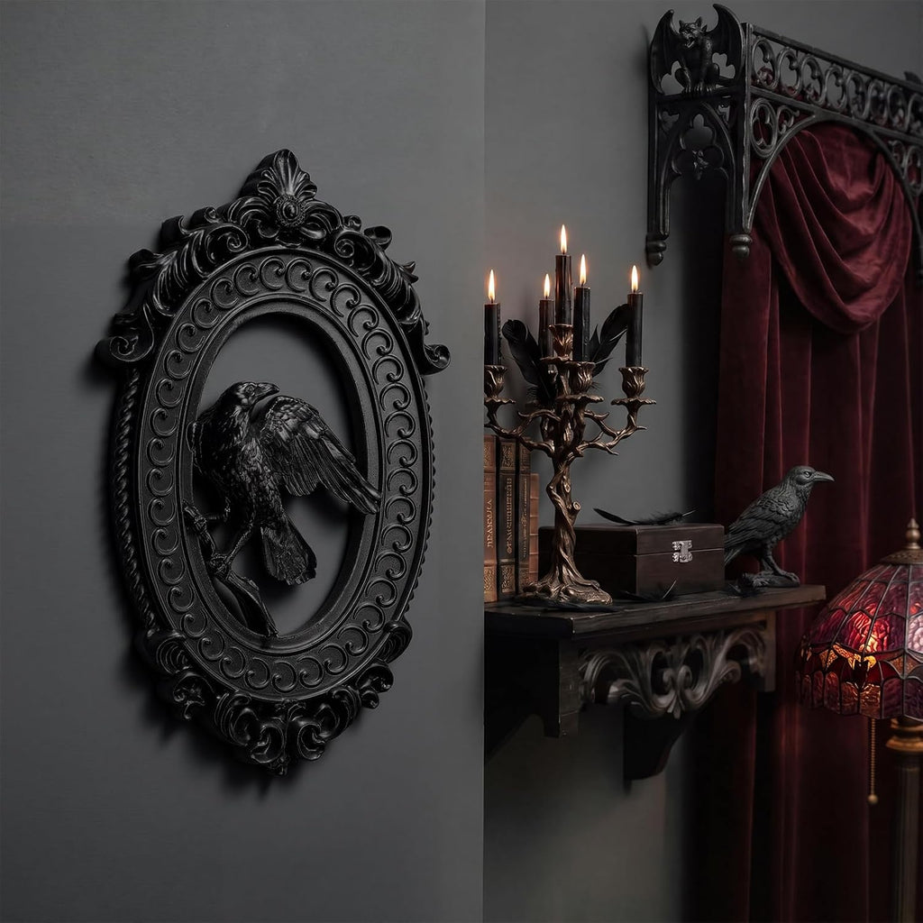 Amyhill Raven Gothic Ornate Frame Wall Decor, 3D Raven Resin Oval Art