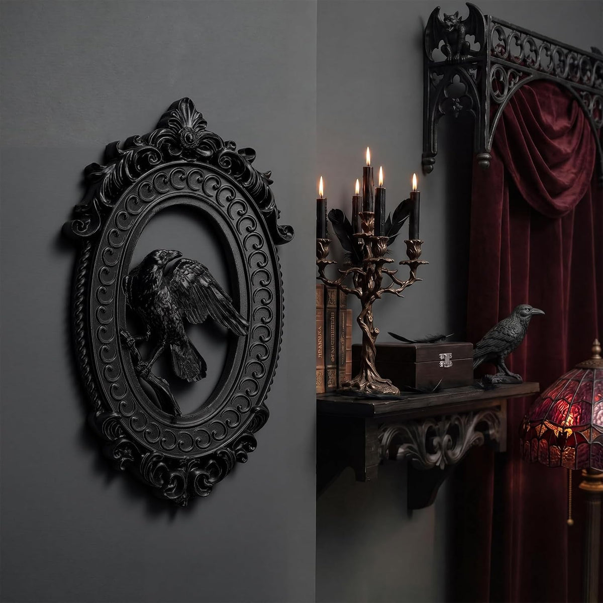 Amyhill Raven Gothic Ornate Frame Wall Decor, 3D Raven Resin Oval Art