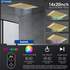 Rain Shower Head System with 14x20 Inch Ceiling Mount LED Head & 6 Inch Wall Head and Handheld Shower 3 Way Pressure Balance Valve Kit,Brushed Gold