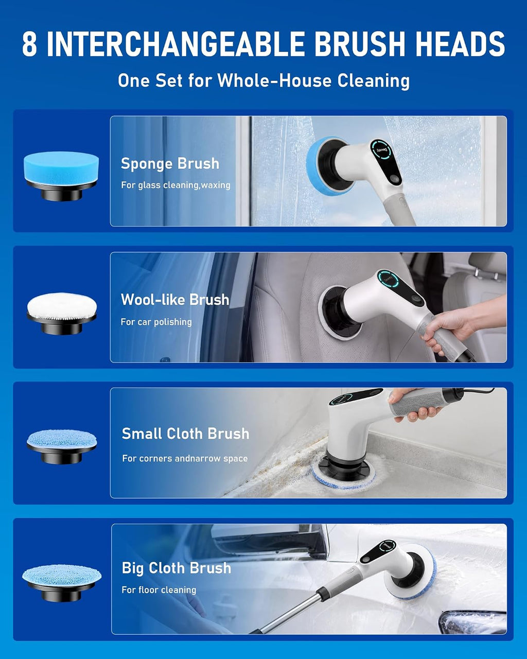 Dovety Electric Spin Scrubber, Extendable Handle, 8 Brush Heads-WH