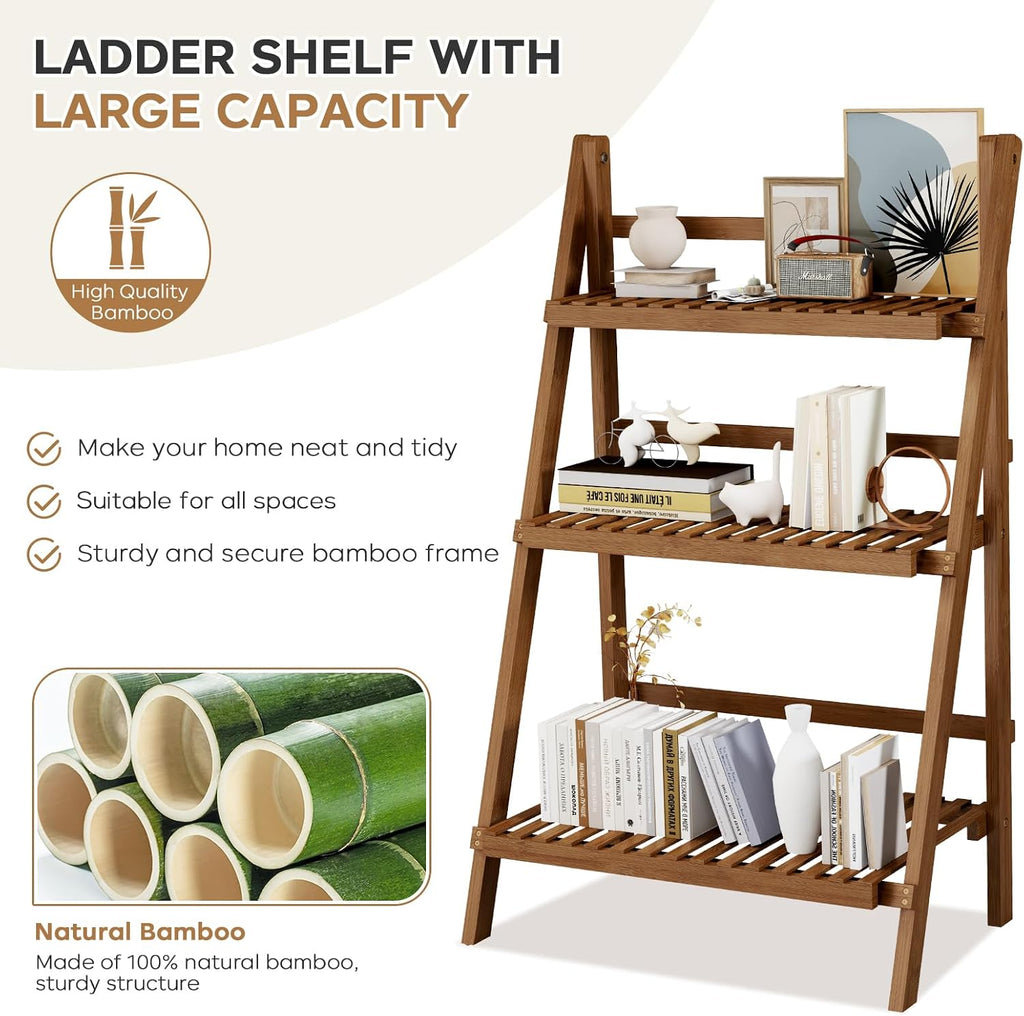 Ladder Shelf, Foldable Plant Shelf Stand, 3-Tier Bamboo Bookshelf, 39.4In