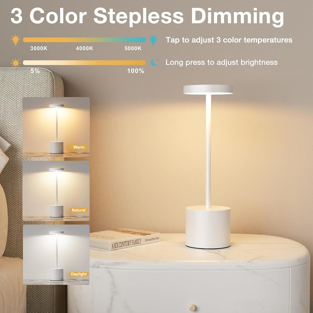Kakanuo White Cordless Lamp Set, Rechargeable Lamp, 3 Color Temperature, LED Outdoor Wireless Lamps, Battery Operated Lamps, Stepless Dimmable, Touch Control