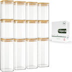 LIBWYS 12-Pack Square Glass Storage Jars with Bamboo Lids (0.6Qt/1.06Qt) - Stackable Food Containers for Pantry Organization, Coffee, Flour, Snacks, Tea | Kitchen Canisters Set