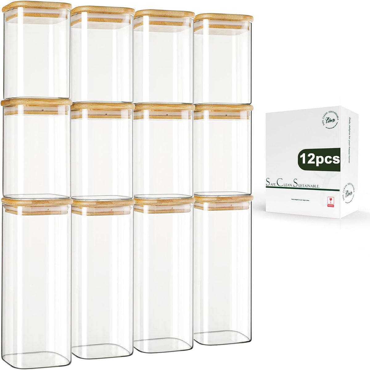 LIBWYS 12-Pack Square Glass Storage Jars with Bamboo Lids (0.6Qt/1.06Qt) - Stackable Food Containers for Pantry Organization, Coffee, Flour, Snacks, Tea | Kitchen Canisters Set
