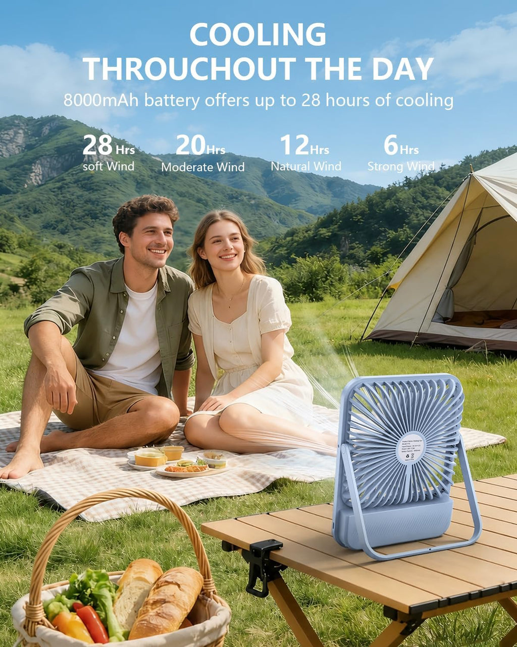 8000mAh Ultra-Thin Portable Travel Fan with Timer, Light&LED Display