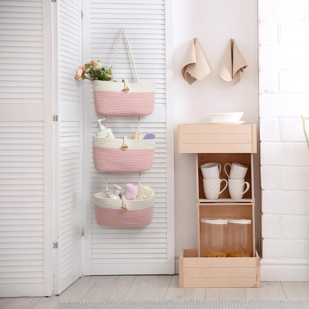 Over The Door Hanging Baskets with Button Strap, 3-Tier Woven Cotton Storage Organizer Bag, Wall-Mounted with Hook Decorative Hanging Nursery Baskets - Pink+White