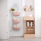 Over The Door Hanging Baskets with Button Strap, 3-Tier Woven Cotton Storage Organizer Bag, Wall-Mounted with Hook Decorative Hanging Nursery Baskets - Pink+White