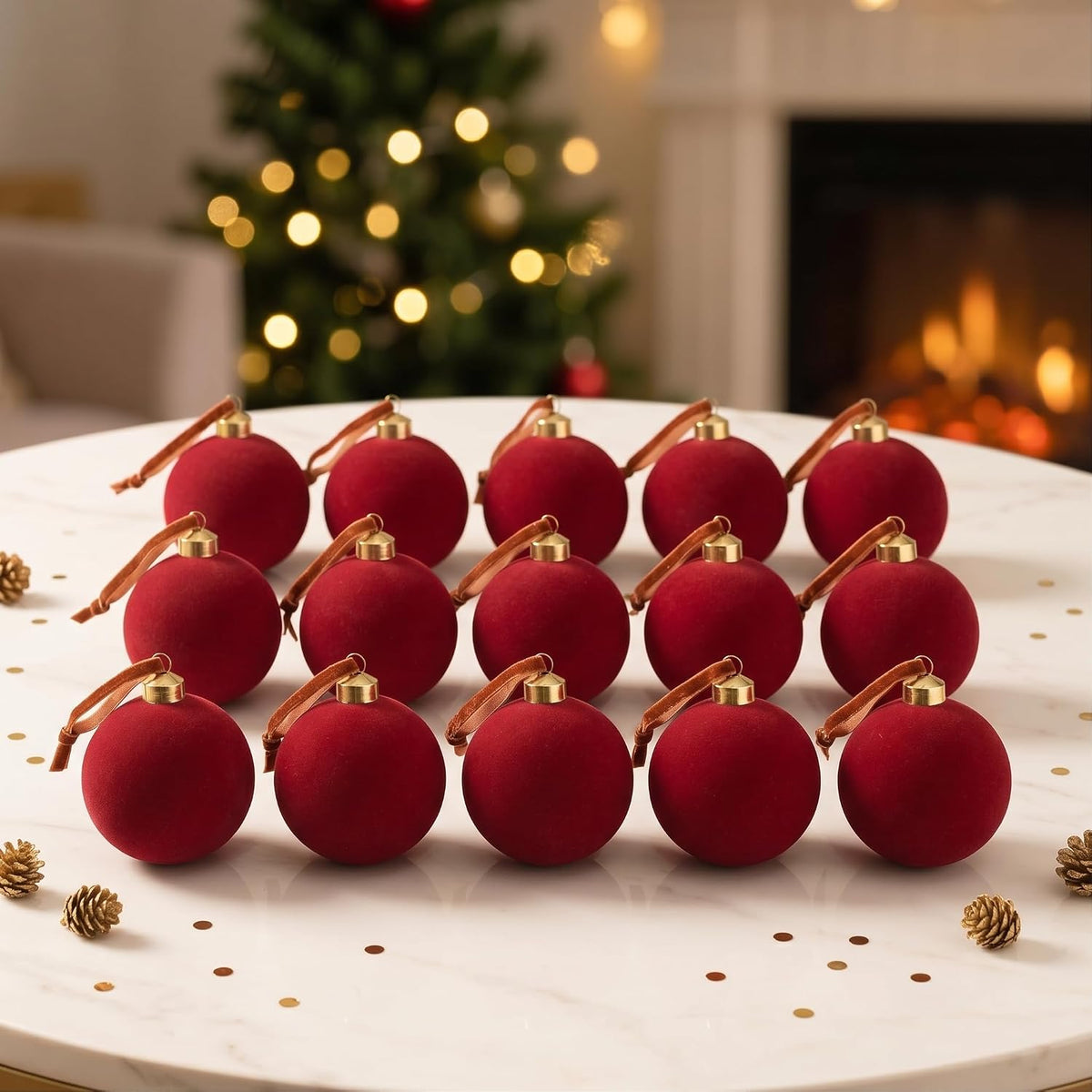 15 Pcs Burgundy Red Velvet Christmas Decorations Balls, 2.65 Inch Christmas Ornaments for Xmas Tree Decor, Dark Red Flocked Ball for Family Holiday Party Valentines Hanging Decoration
