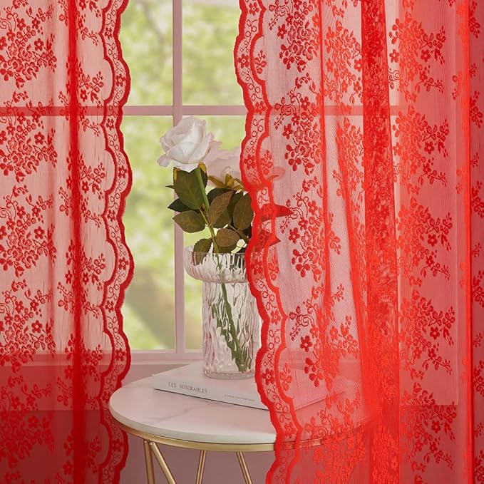 YJ YANJUN Vintage Lace Curtains 96 Inches Long-Victorian Floral Pattern Red - Image 3