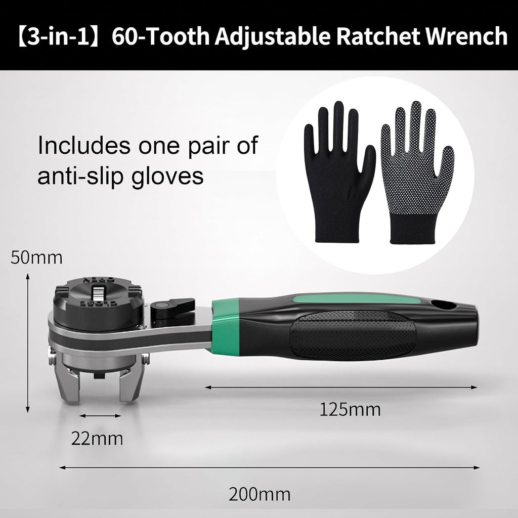 Adjustable Ratchet Wrench, Universal 6.35mm-22.2mm (1/4"-7/8") CR-V Steel Ratcheting Wrench, Non-Slip TPR Handle, Self-Adjusting Multi-Size Wrench for Auto, Motorcycle, Machinery & Home Repair