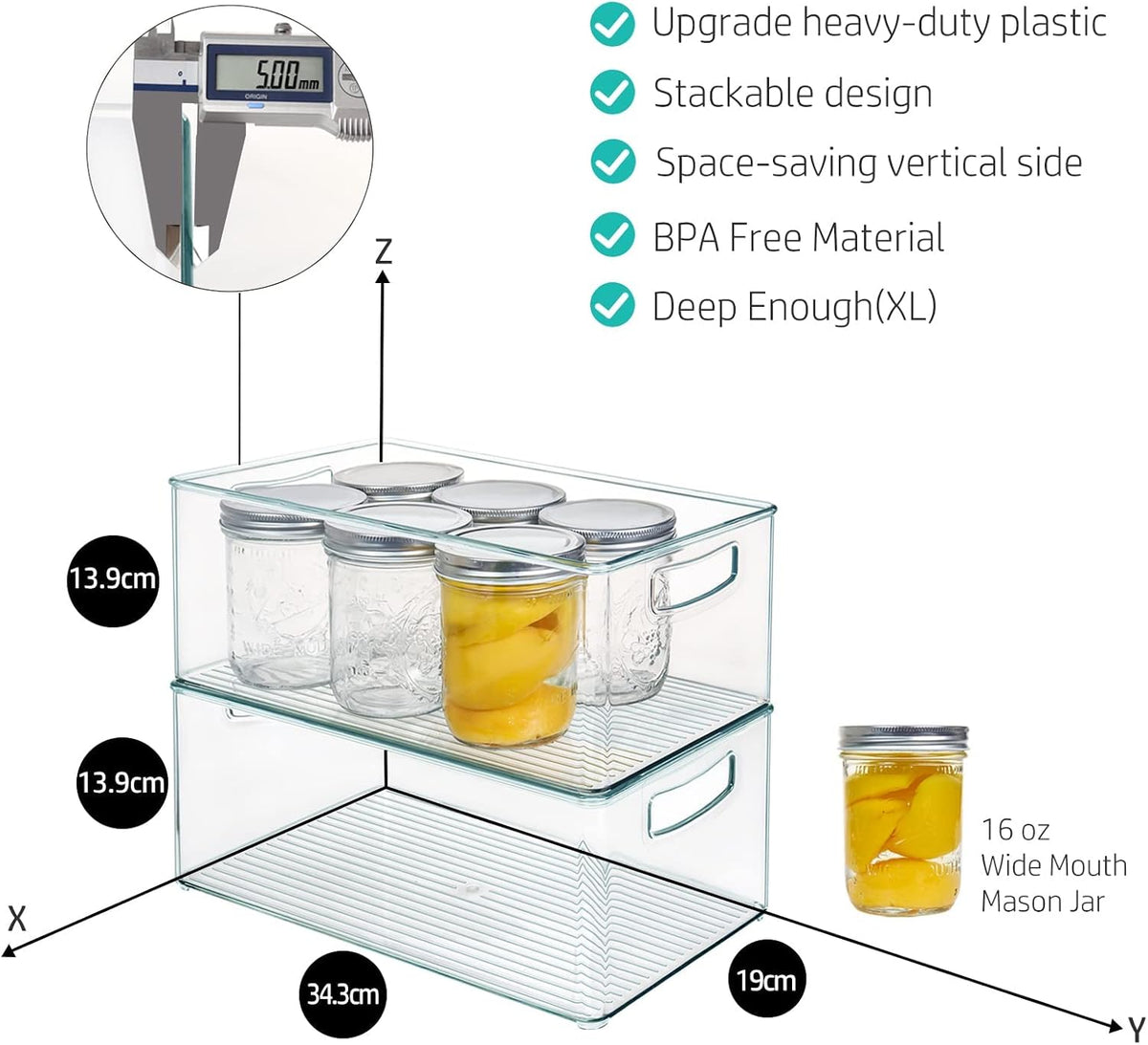 8 PACK Stackable Pantry Organizer Bins (3 Size) - Clear Fridge Organizer for Kitchen, Freezer, Refrigerator, Cabinet - Plastic Storage Container with Handle for Home