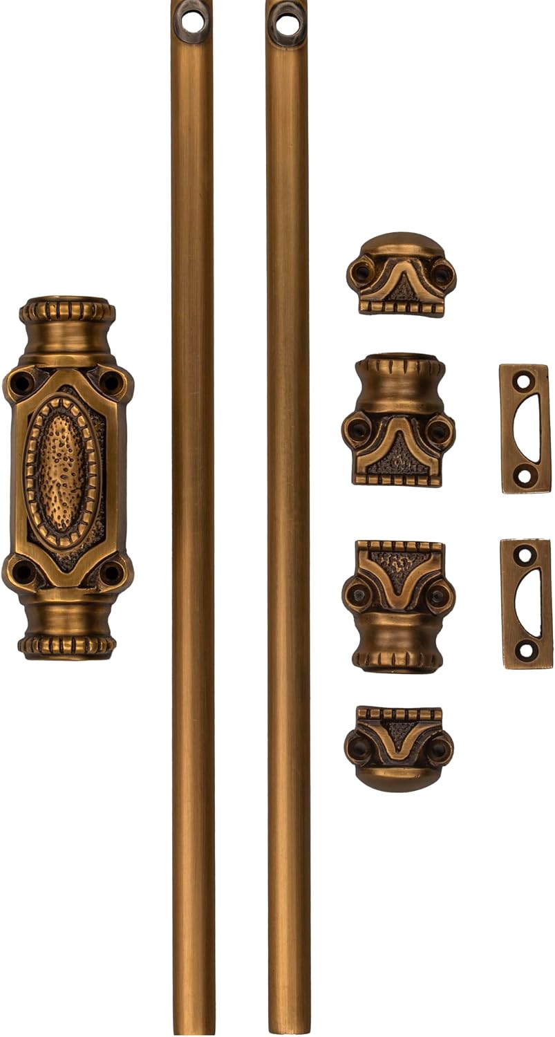 Antique Brass Cremone Bolt Set - Solid Brass Cabinet Hardware with 2' Rods & Handle, Perfect for Cabinets & Restoration Projects, Easy One-Side Operation for Timeless Charm