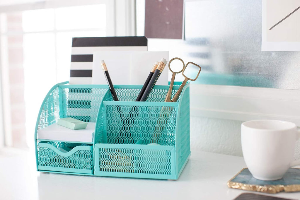 BLU MONACO Aqua Desk Organizer | Metal Turquoise Stationery Holder With Drawer and Compartments | Desktop Storage for School, Bedroom, Locker and Home | 5.5”D x 8.6”W x 5”H Accessory Caddy