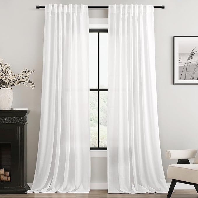 White Curtains 100 inches Long 2 Panels Back Tab Light Filtering Cotton by Jolilight