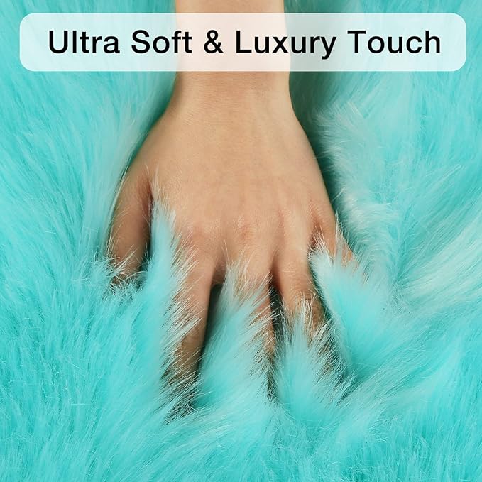 duduta Turquoise Blue Faux Sheepskin Fur Rug 3x5 ft, Fluffy Shag Bedroom Dorm - Image 5
