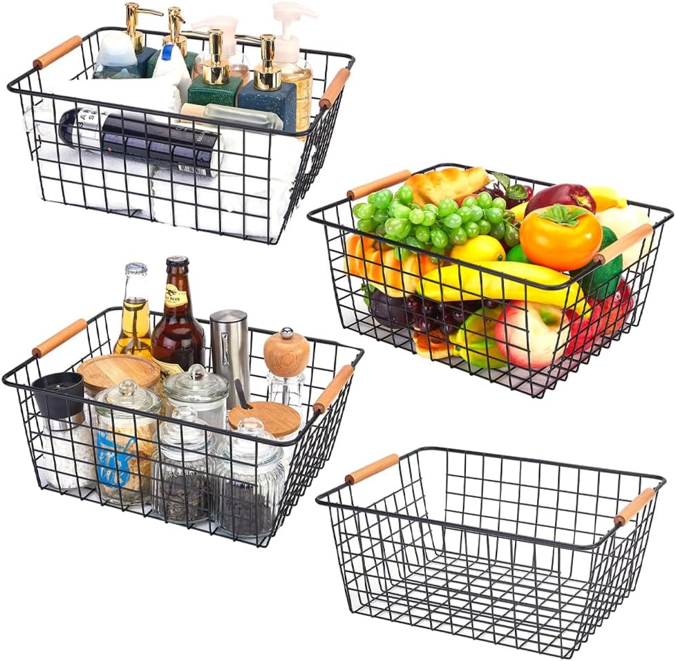 LeleCAT Wire Baskets with Handles, Wire Storage Organizer Baskets, Household Refrigerator for Cabinets, Pantry, Closets, Bedrooms - Set of 4（Black)