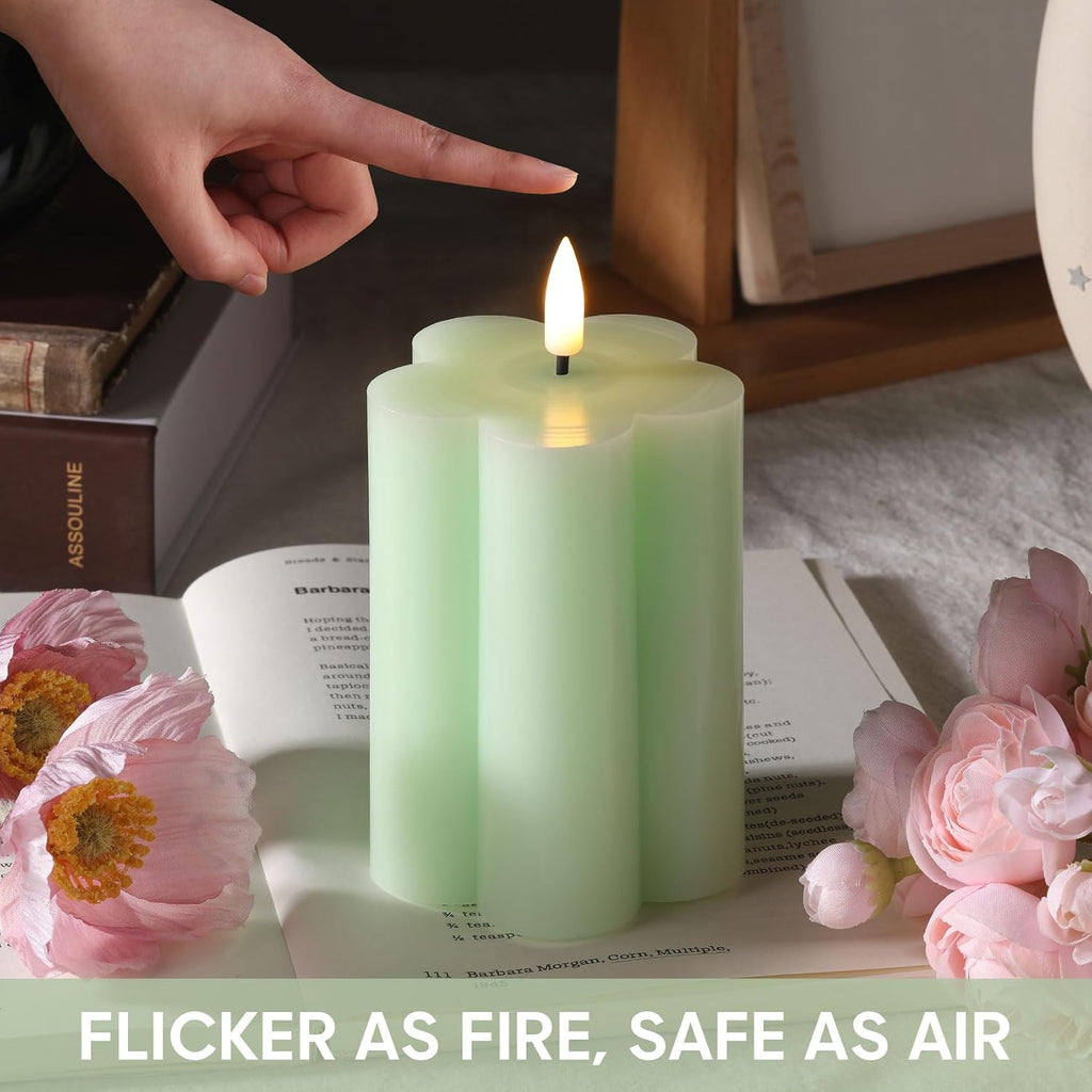 Green Flameless Pillar Candles with Remote, Flickering LED Wax Candles Battery Operated, Aesthetic Home Decor Set of 2