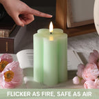 Green Flameless Pillar Candles with Remote, Flickering LED Wax Candles Battery Operated, Aesthetic Home Decor Set of 2