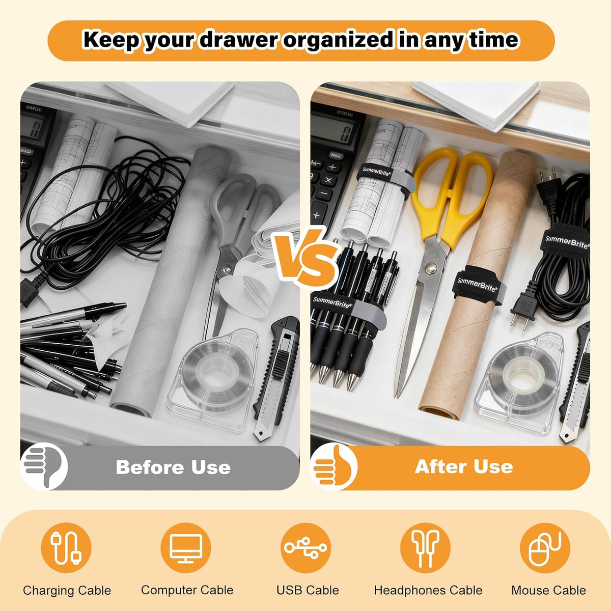 Cable Ties with Writable Labels, Cord Management, Black, 70 PCS, 8 IN
