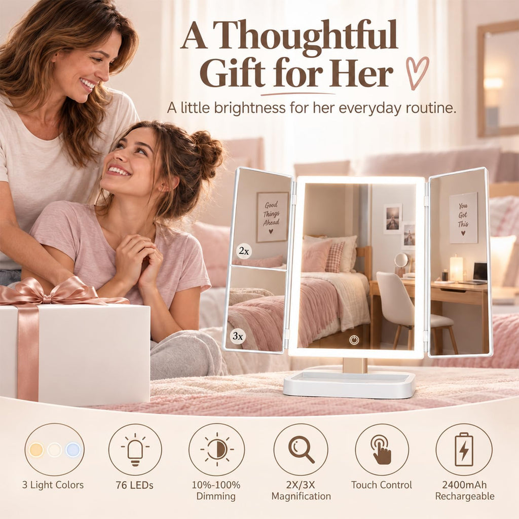 Makeup Mirror with Lights, Rechargeable Trifold 1X/2X/3X Magnification