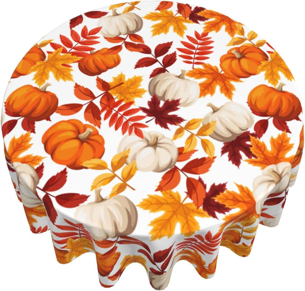 Fall Round Tablecloth 60 Inch Thanksgiving Harvest Autumn Pumpkin Fallen Leaves Maple Leaf Print Decorative Table Cloth Holiday Decorations Seasonal Decor for Home Kitchen Dining Room Picnic Party