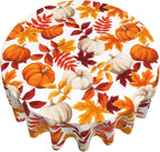 Fall Round Tablecloth 60 Inch Thanksgiving Harvest Autumn Pumpkin Fallen Leaves Maple Leaf Print Decorative Table Cloth Holiday Decorations Seasonal Decor for Home Kitchen Dining Room Picnic Party