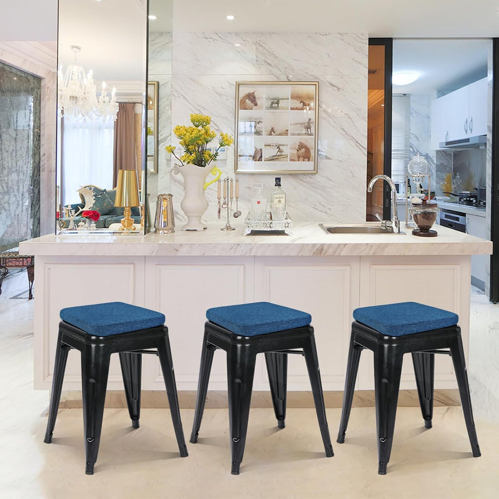 BUYUE Friendly Woven Fabric Magnetic Bar Stool Cushions Set of 4, Enhanced Anti-Slip Breathable Small Chair Seat Pads for Café Bistro Stackable Metal Stools (Square, Dark Blue, 4 Counts)