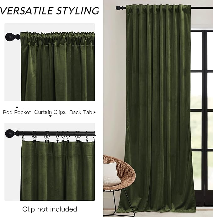 RYB HOME Green Velvet Curtains 96 inch, Solid Room Darkening Window Curtains - Image 3