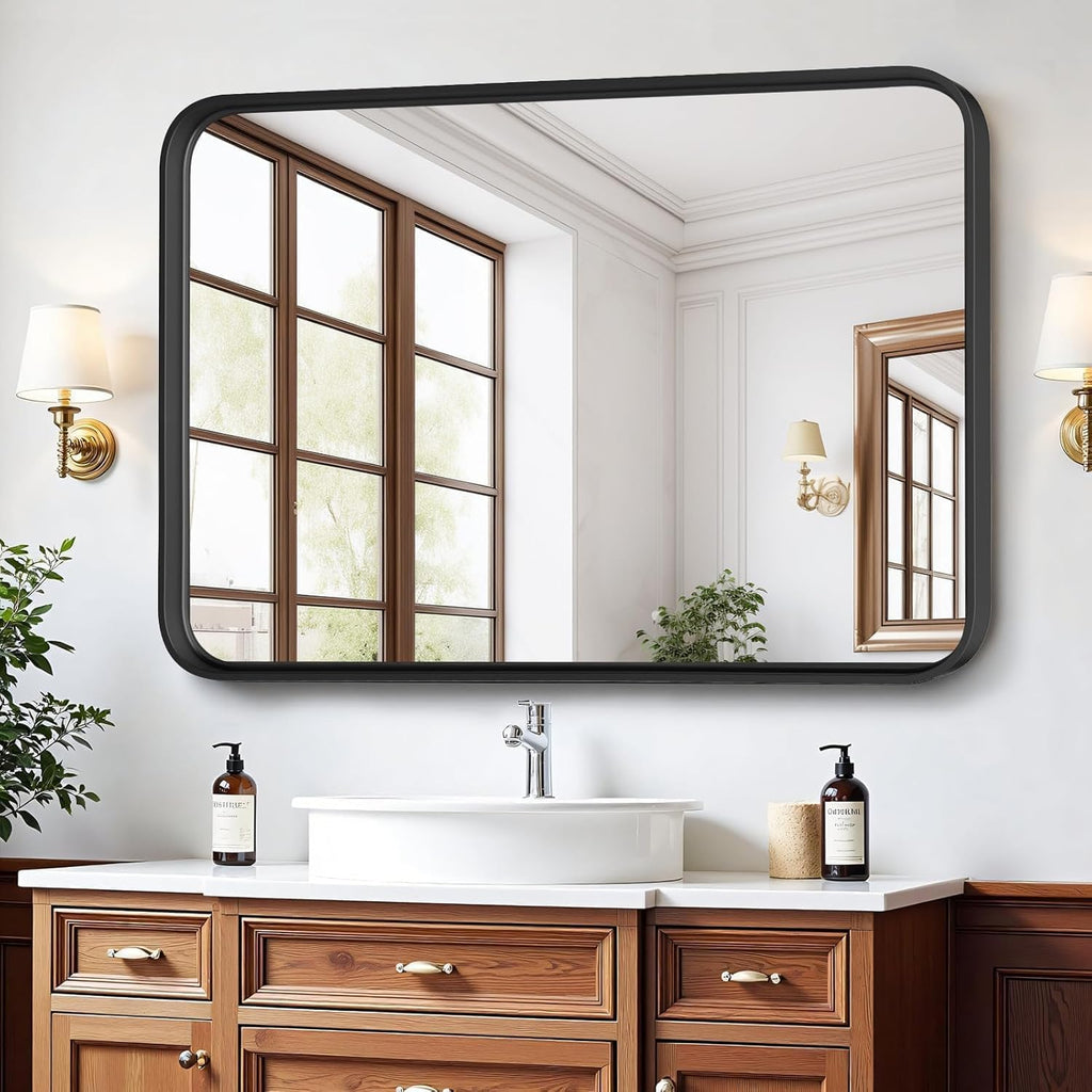 Bathroom Mirror for Wall, 30x22 Inch Rectangle Mirror, Matte Black Metal Framed Bathroom Vanity Mirror for Restroom Farmhouse, Anti-Rust, Tempered Glass, Horizontally or Vertically Hanging