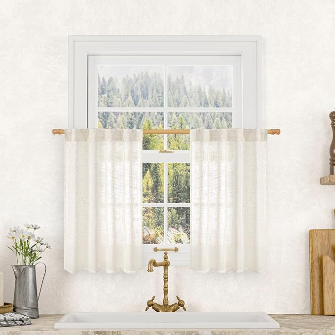 LAMIT Cream Linen Kitchen Curtains 30 Inch Length, Semi Sheer Light Filtering by LAMIT