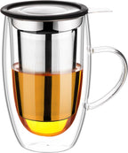 Baalaka Tea Infuser Mug, 16 fl oz Double-Wall Glass for Loose Leaf Tea
