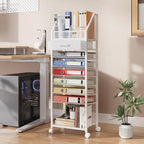 9-Tier Rolling File Cart - Paper Organizer with Drawer and Trays, Wood Desk Office Organizer, Office Organization and Binder Storage for Workspace, Home, School, White