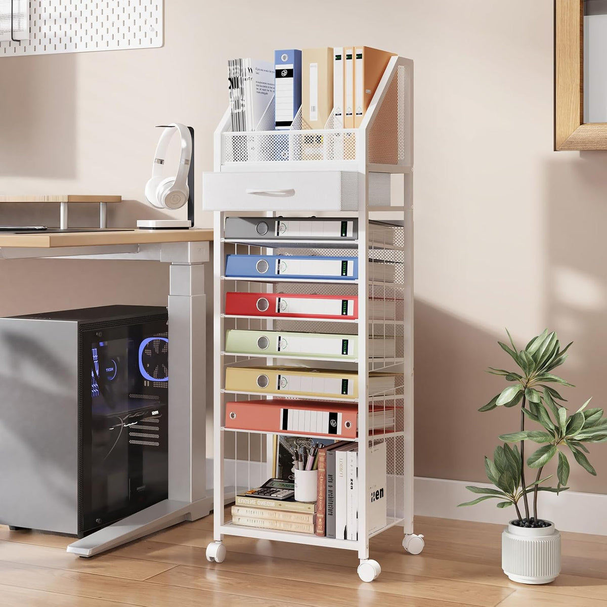 9-Tier Rolling File Cart - Paper Organizer with Drawer and Trays, Wood Desk Office Organizer, Office Organization and Binder Storage for Workspace, Home, School, White
