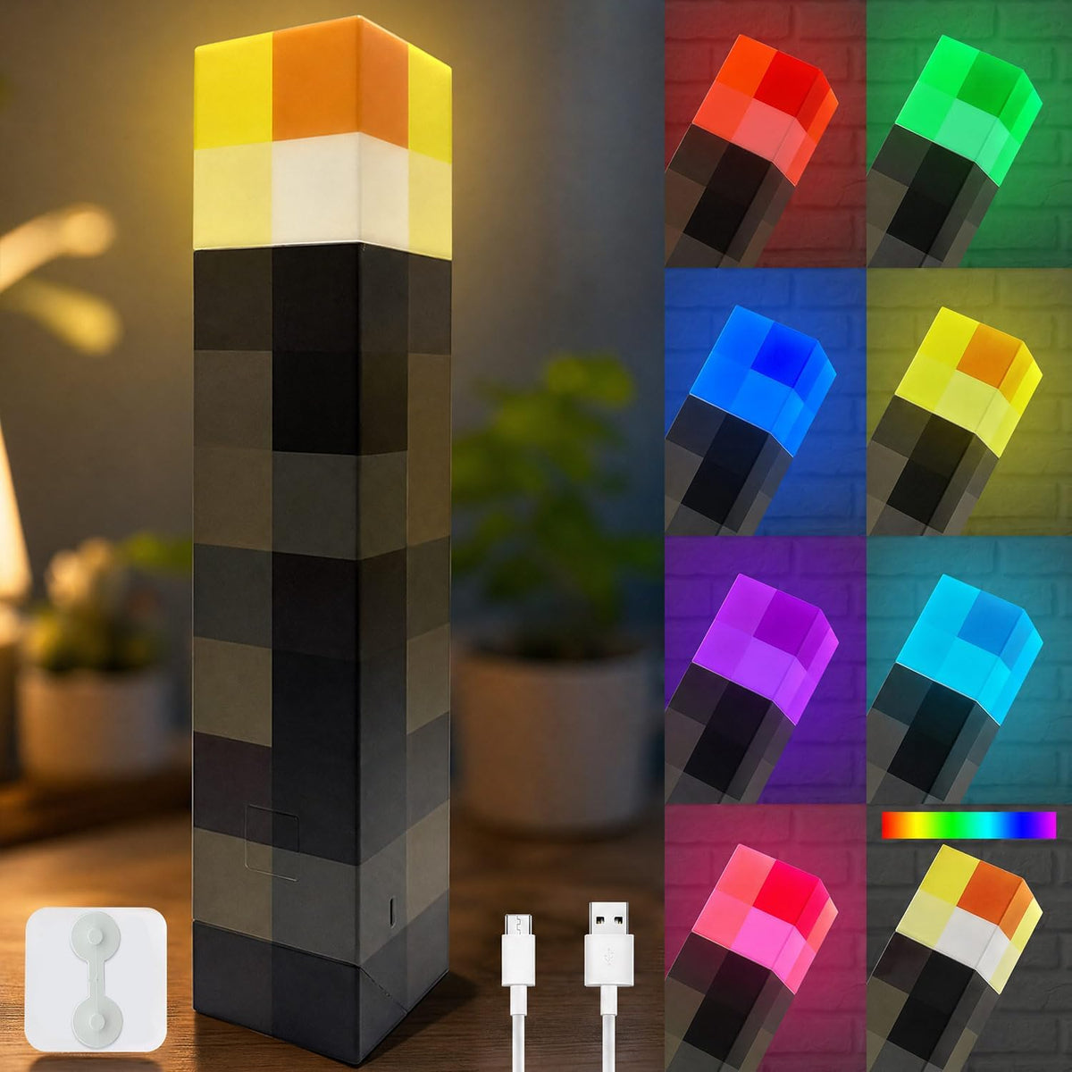 LOUHH Wall Torch Lamp, 7 Color LED Wall Night Light Rechargeable Retro Pixel Style Table Lamp for Game Room Kids Room Decor and Children's Gifts