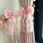 2 Pack French Silky Bow Curtain Tiebacks, Elegant Lace Ribbon for Curtains Decorative Rope Accessories Home Décor (Pink,2)