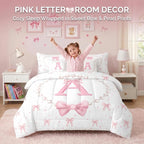 Erosebridal Girls Pink Bow Initial Twin Comforter Set with Sheets - Monogrammed Letter A Bows Bedding Set 7 Piece for Kids Teen, Pink White Ribbon Bow Tie Fitted Flat Sheet, Cute Bowknot Bed Set