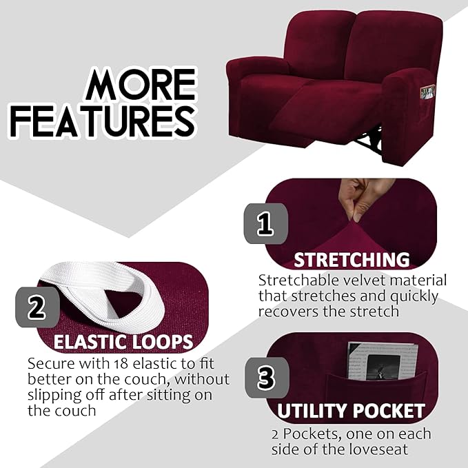 ULTICOR Reclining Love Seat Slipcover, 6-Piece Velvet Stretch Loveseat - Image 4