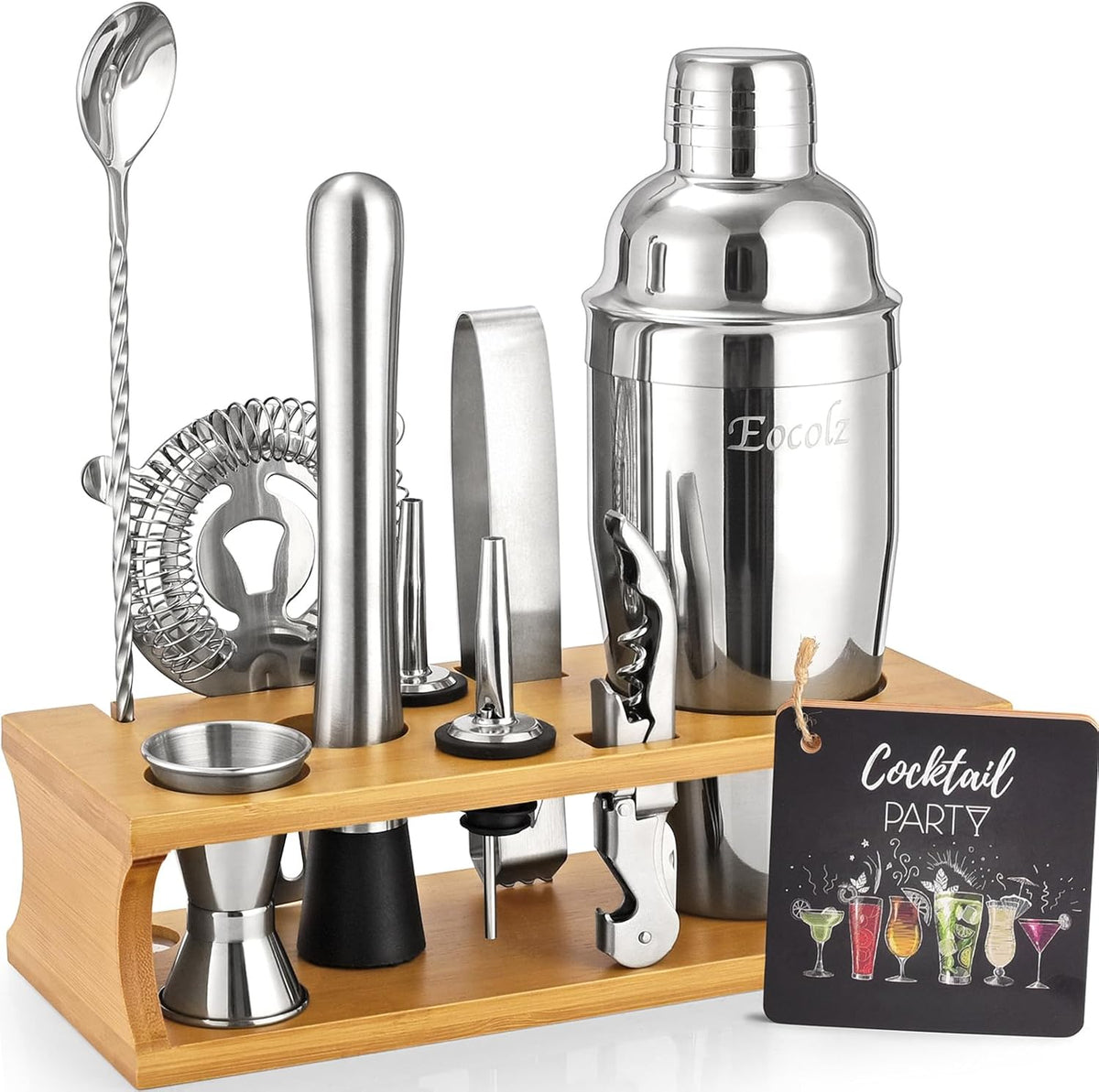 Bartender Kit Cocktail Shaker Set with Stand Bar Tool Bar Set for Drink Mixing Home Bartending Kit 11-Piece Bar Cart Accessories: Martini Shaker, Mixer Spoon, Jigger, Muddler, Strainer & Recipes Gifts