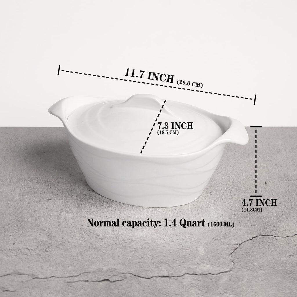 Casserole Dish 1.4 Quart French White Ceramic Bakeware Set with Lids, Chip and Crack Resistant Stoneware Baking Dish, Microwave, Dishwasher, Oven, Freezer and Fridge Safe (11.7 INCH Oval)