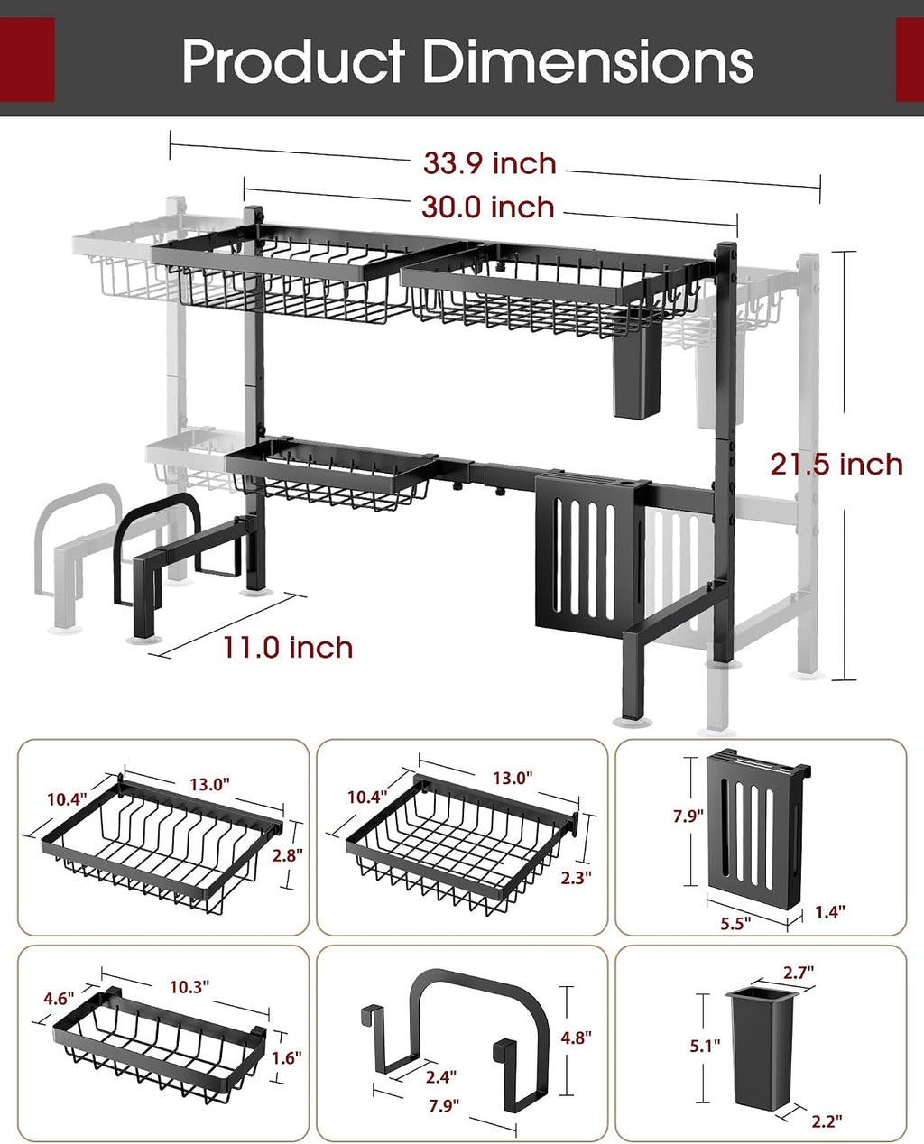 Sakugi Over The Sink Dish Drying Rack - Adjustable 2 Tier Large Capacity Stainless Steel Drainer with Cutlery & Utensil Holders, Kitchen Storage & Organization, 30"-33.9" L x 11" W x 21.5" H, Black