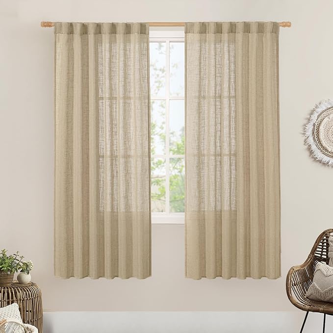 LAMIT Brown Linen Boho Curtains 68 inch Length 2 Panels, Light Filtering Semi by LAMIT