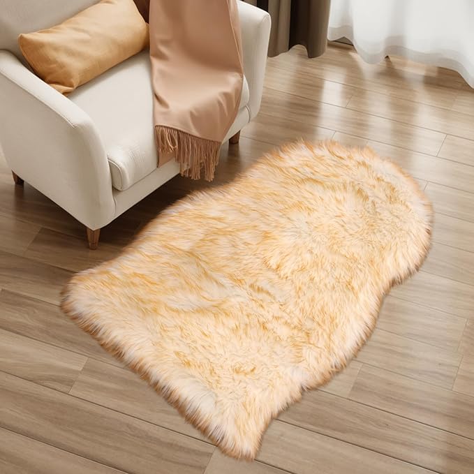 Ciicool Faux Sheepskin Rugs Soft Faux Fur Rug White Gradient Brown Fluffy Chair - Image 3