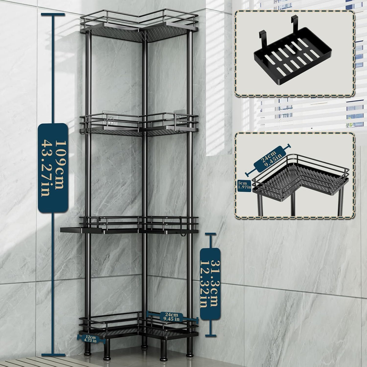 Corner Shower Caddy Standing - 4-Tier Stainless Steel Shower Organizer with Soap Holder and 4 Hooks, Large Capacity Corner Shelf Stand for Bathroom, Rest Room, Black