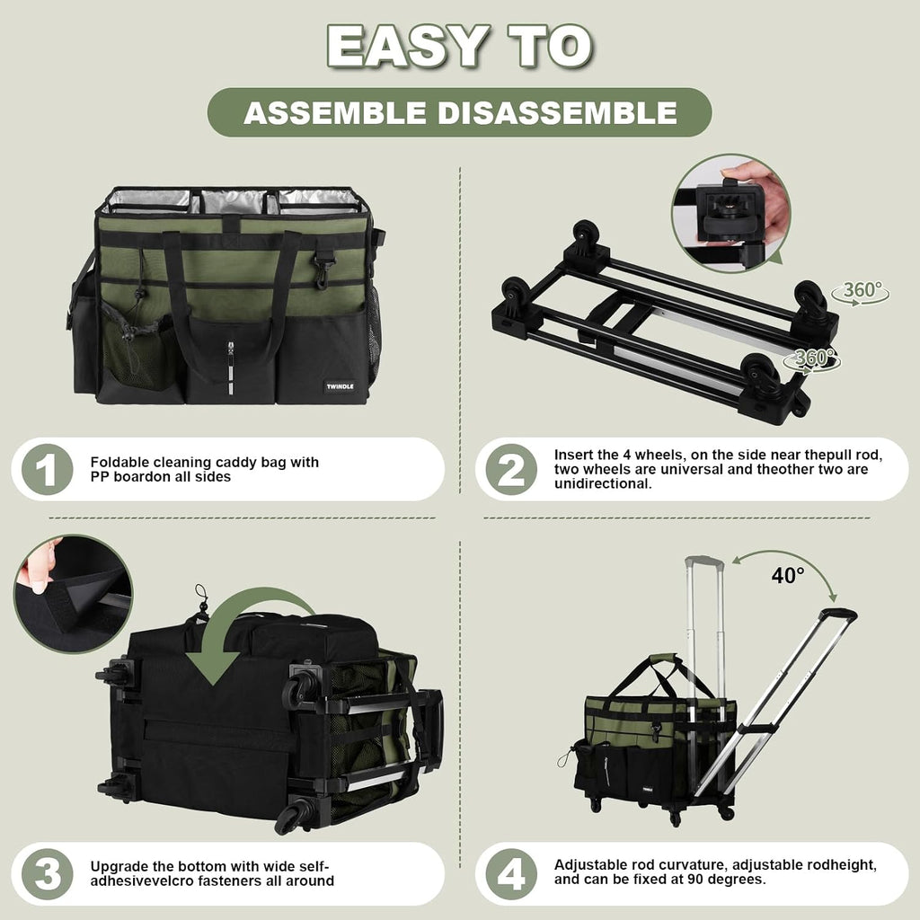 Extra-Large Rolling Cleaning Caddy with Wheels,Cleaning Caddy Bag with Detachable Trolley,Water Resistant Lining Cleaning Supply Organizer with Handle for Cleaners,Housekeepers (Army Green)