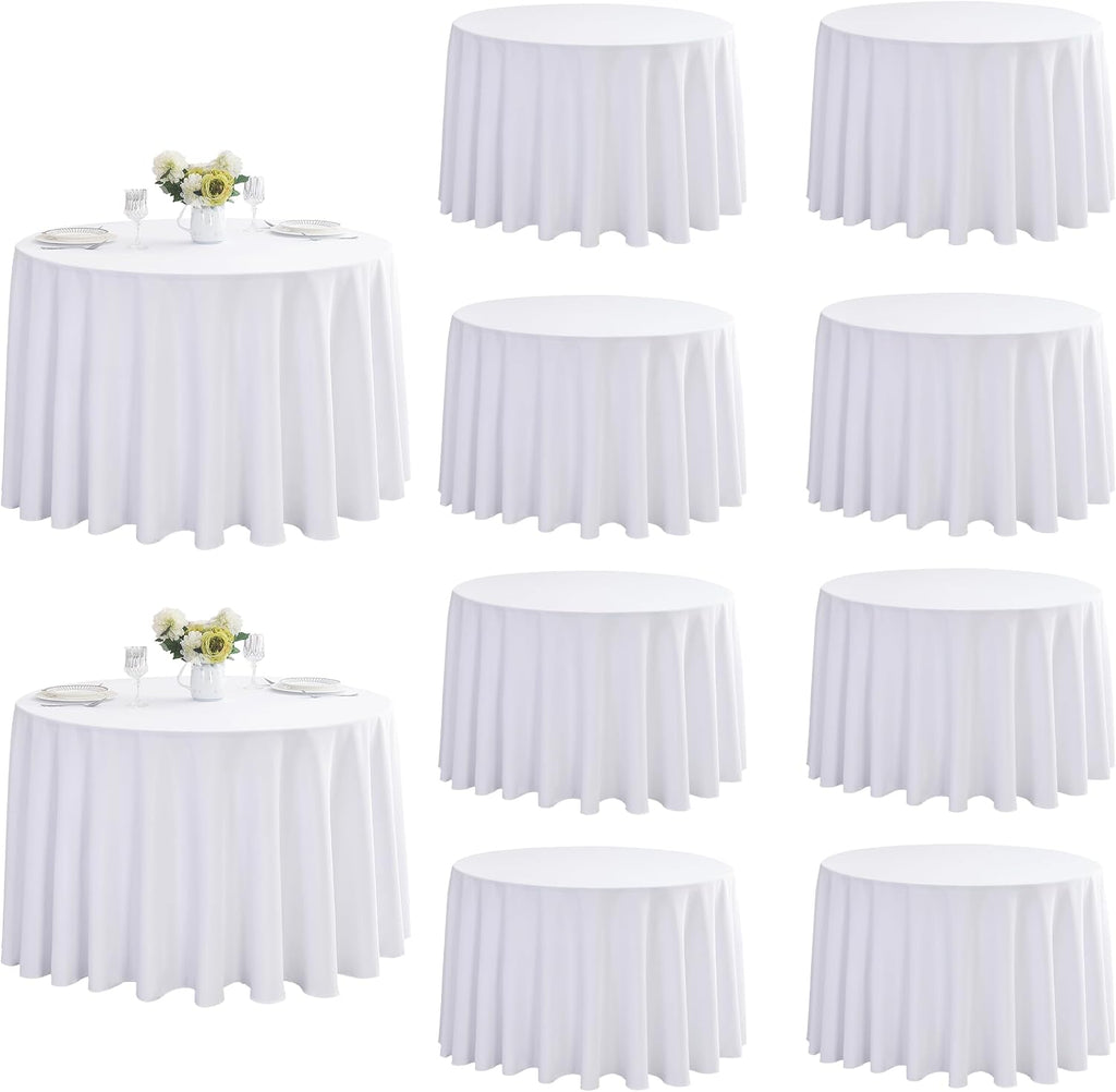 10-Pack Round 120-inch White Table Cloths, Solid Stain and Wrinkle Resistant Circular Tablecloth, Premium Plain Weave Polyester Fabric Table Linen Covers for Hotel, Banquet