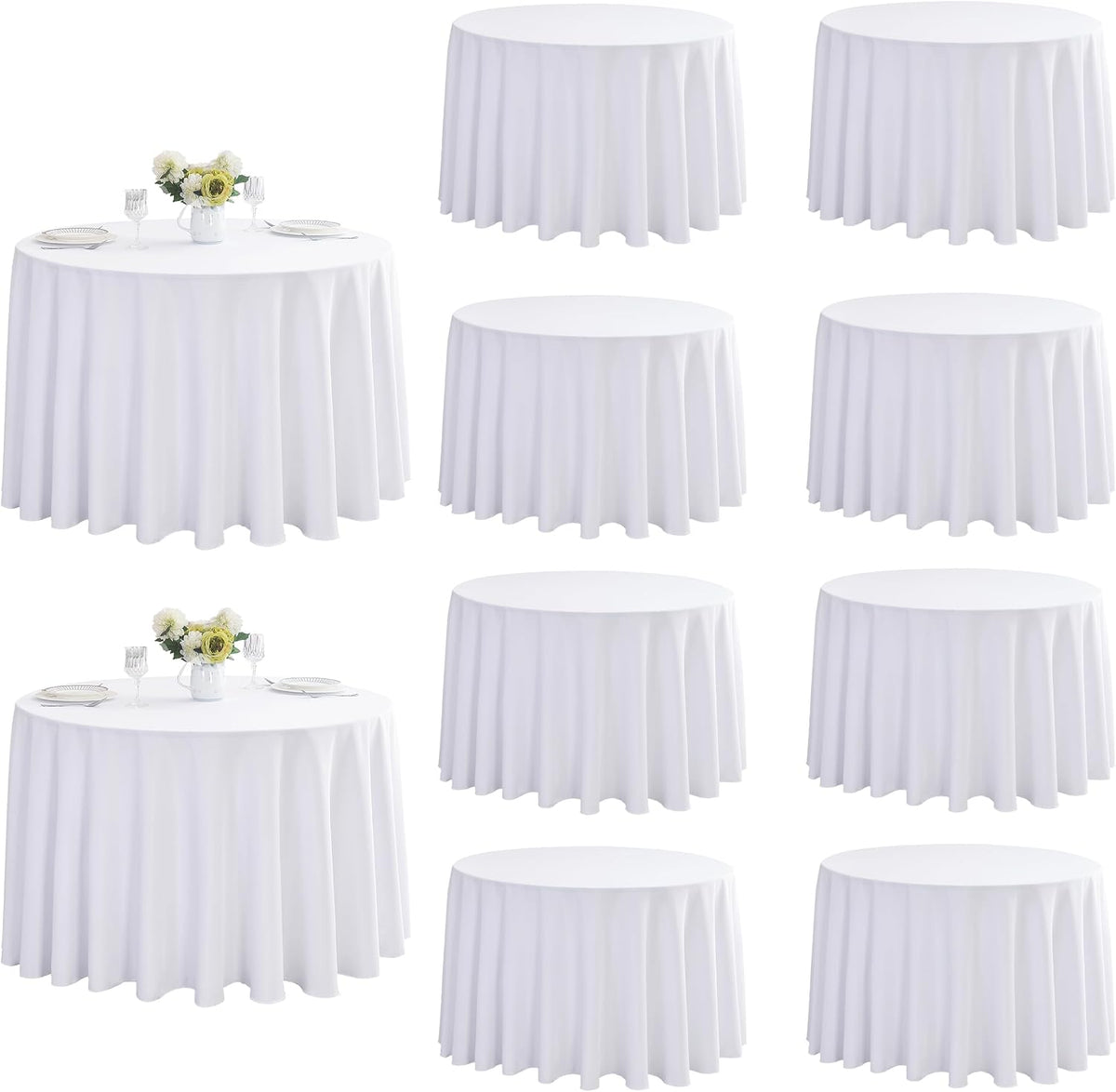 10-Pack Round 120-inch White Table Cloths, Solid Stain and Wrinkle Resistant Circular Tablecloth, Premium Plain Weave Polyester Fabric Table Linen Covers for Hotel, Banquet